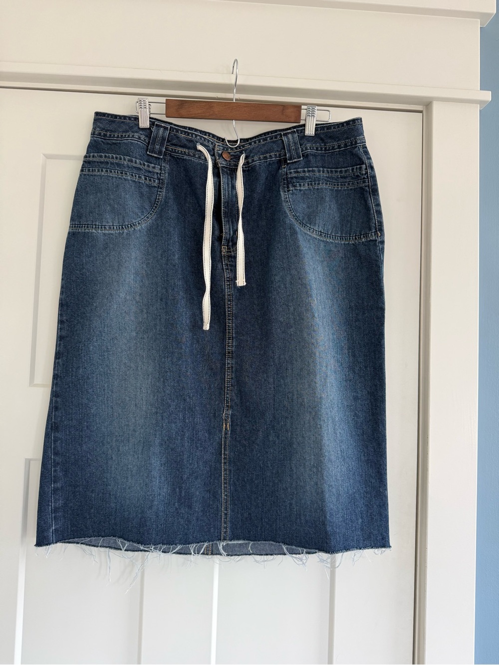 Venezia Lane Bryant Indigo Denim Midi Skirt Drawstring Raw Hem Size 16